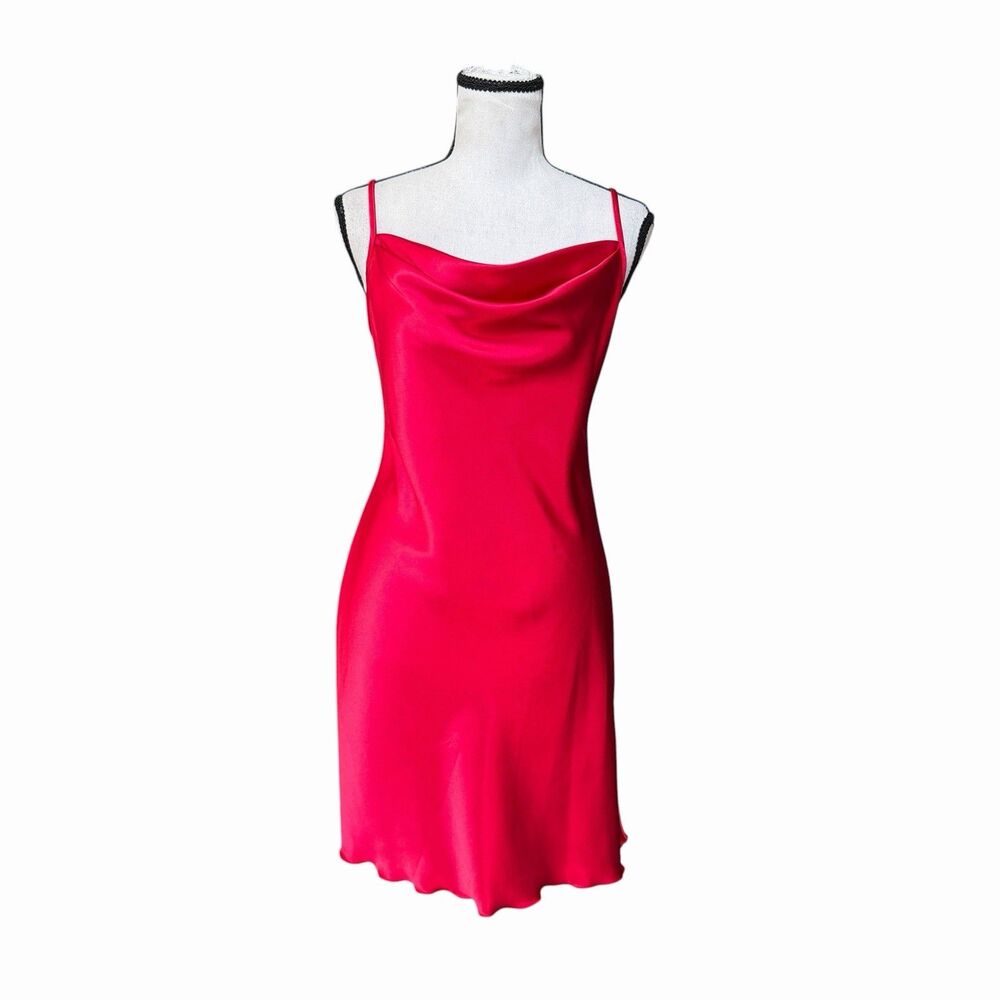 VTG Y2K Bebe Red Satin Slip Dress Cowl Neck USA Size M